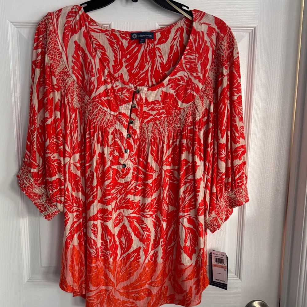 Democracy Red and Cream Leaf Print Blouse